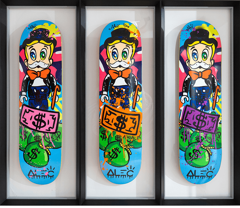 Alec Monopoly, ‘Skateboard Deck (Tryptich)’, 16-09-2021, Print, Full Color Screen Print on Formed 7 Ply Veneer Wood, Self-released, Numbered, Framed
