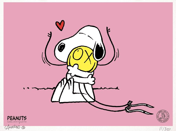 André Saraiva, ‘Snoopy Hugs Mr. A (Pink)’, 2020, Print, Silkscreen on 90# Cover Crane Lettra Cotton Archival Paper, Self-released, Numbered