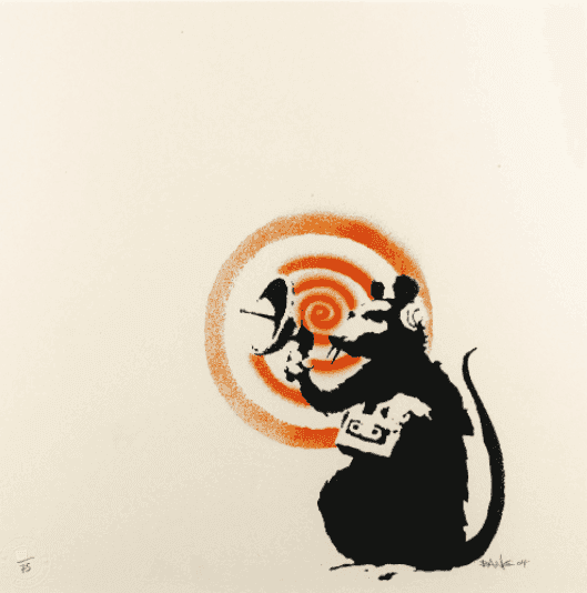 Banksy, ‘Radar Rat (Orange Spiral)’, 2004, Print, Screenprint on paper spiral is hand painted in red or orange, Pictures On Walls, Numbered, Dated, Handfinished