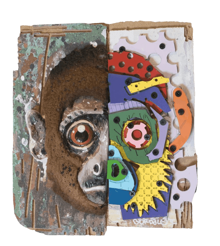 Bordalo II, ‘Half Howler’, 2020, Sculpture, Painted recycled plastics, ceramics, and textiles on printed recycled wood, Underdogs, Numbered, Handfinished