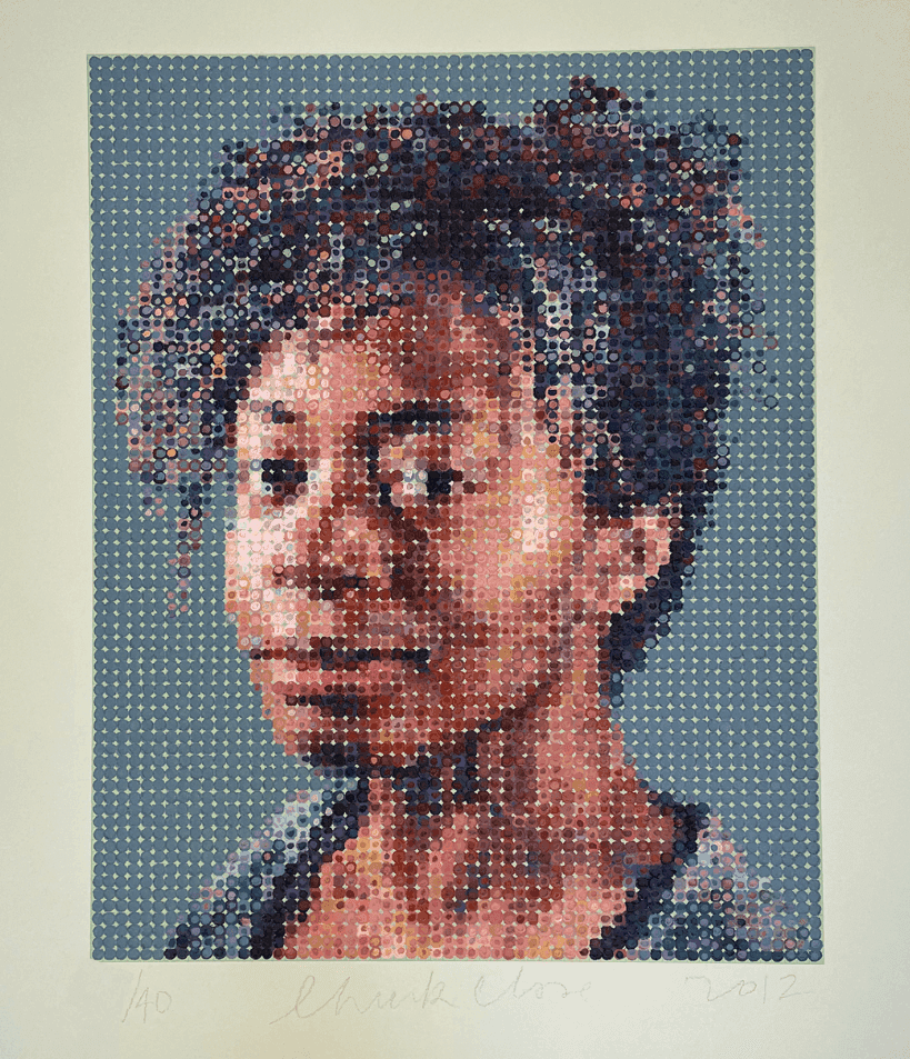 Chuck Close, ‘Kara’, 2012, Print, Multiples made using felt stamps to hand apply oil paints on a silk screen ground., Brand X Editions, Numbered, Dated