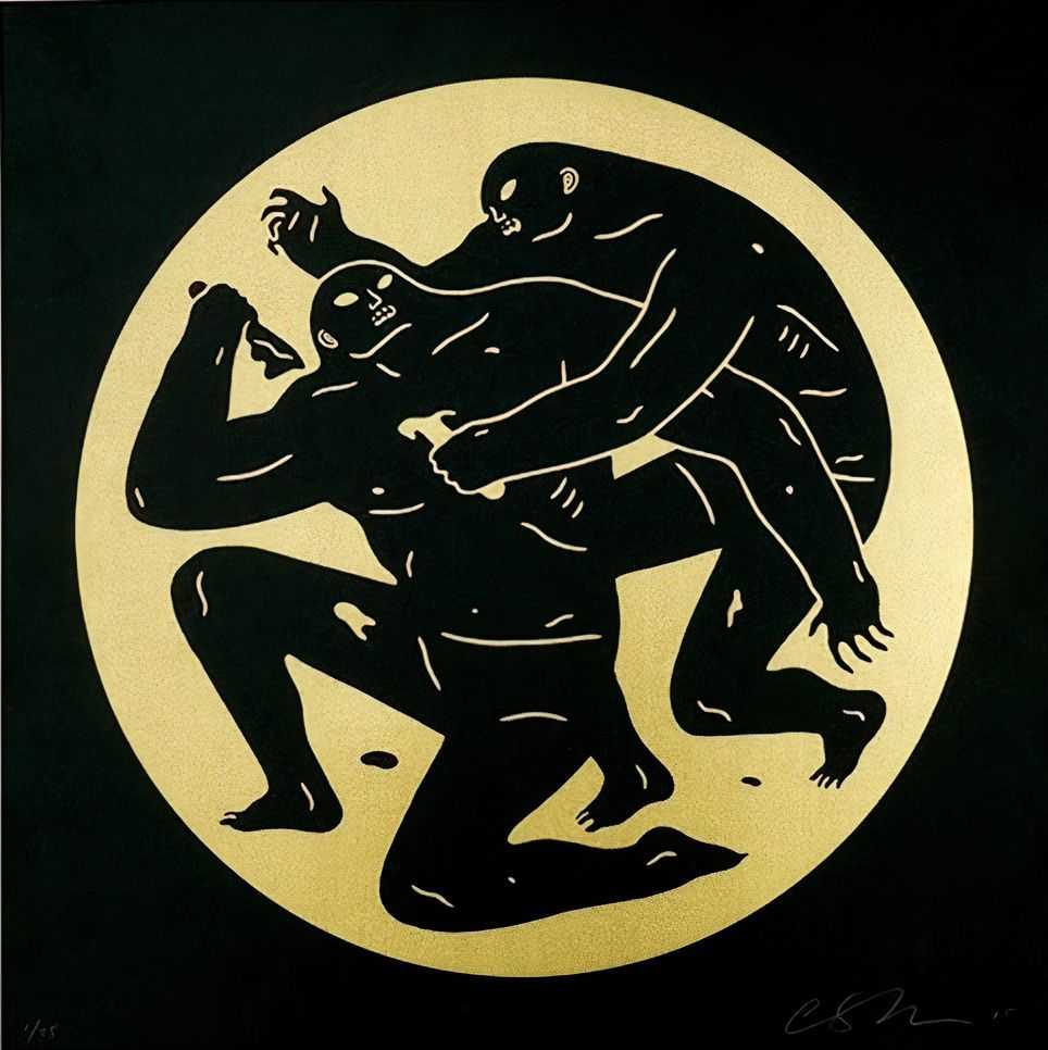 Cleon Peterson, ‘Destroying The Weak 1 (Gold)’, 21-05-2015, Print, Gold Ink screenprinted on Astropaue Eclipse Black paper, Self-released, Numbered