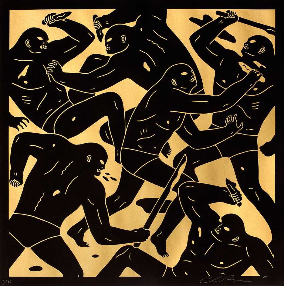 Cleon Peterson, ‘Masters Of War (Gold)’, 26-08-2014, Print, Hand pulled silver screenprint printed on 250gsm Arches Cover Black paper with deckled edges, Self-released, Numbered