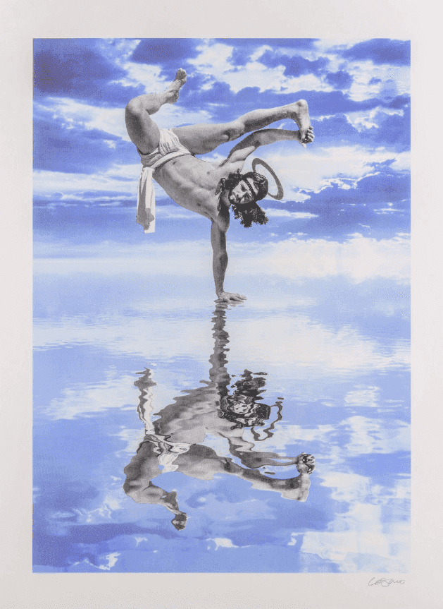 Cosmo Sarson, ‘Breakdancing Jesus On Water (Candy Blue)’, 2015, Print, Silkscreen in colours hand finished with gold leaf, Self Released, Numbered, Handfinished