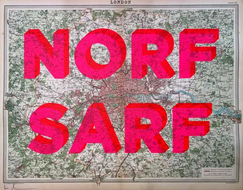Dave Buonaguidi, ‘Norf / Sarf – 2nd Edition’, 2021, Print, Lithograph map of London has been screenprinted onto by hand in the artist’s signature fluorescent pink and red type - 2 layer screenprint, Print Club London, Numbered
