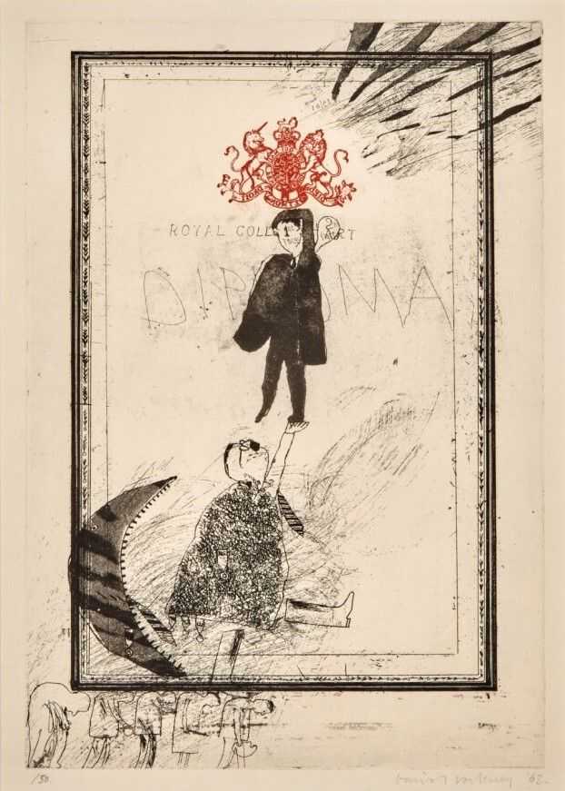 David Hockney, ‘Diploma’, 1962, Print, Etching and aquatint in black and red on Crisbrook handmade paper, null, Numbered