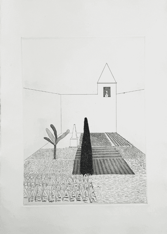 David Hockney, ‘Rapunzel Growing In The Garden’, 1969, Print, Etching and aquatint, null, Numbered
