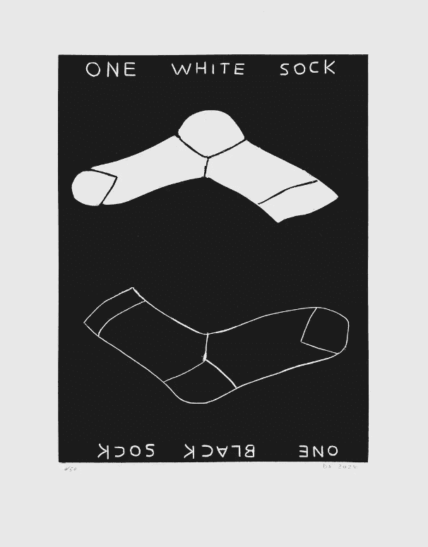 David Shrigley, ‘One White Sock, One Black Sock’, 2024, Print, Linocut on Somerset 300gsm paper, Jealous Gallery, Numbered