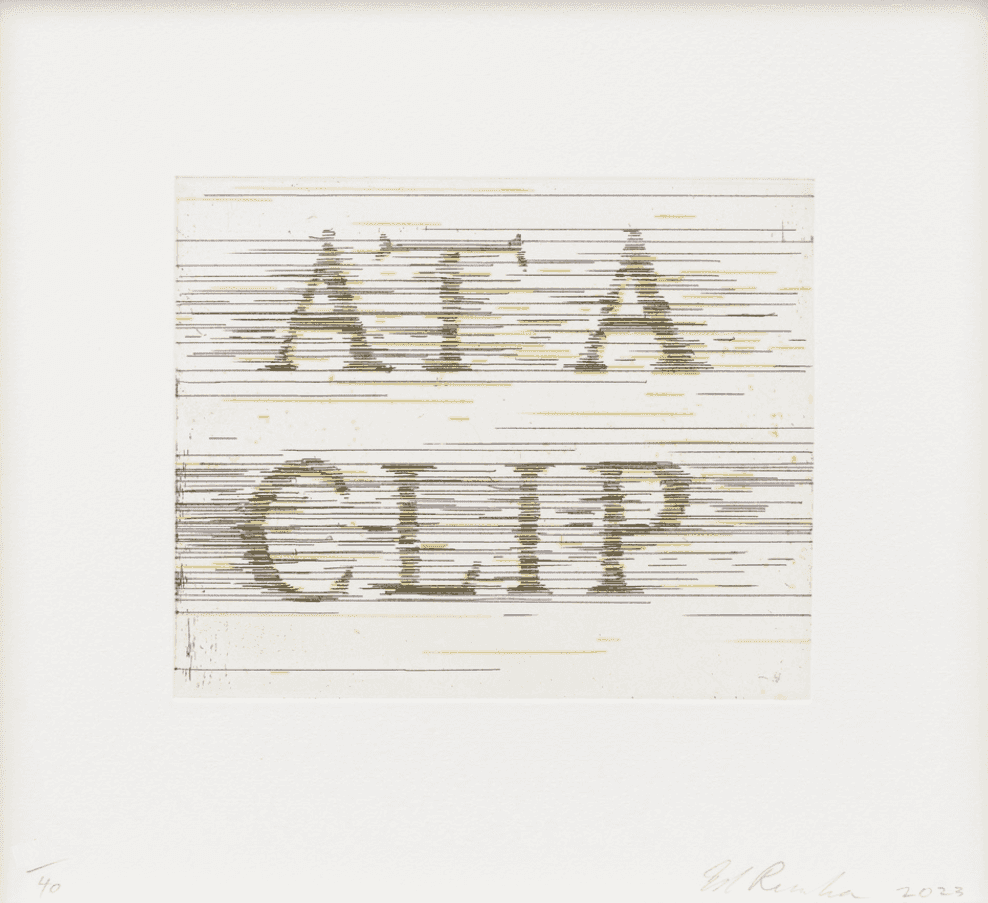Ed Ruscha, ‘At A Clip’, 2023, Print, Hard ground etching printed in black and yellow, null, Numbered, Dated