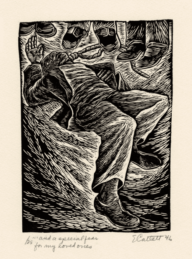 Elizabeth Catlett, ‘And a Special Fear for My Loved Ones’, 1947, Print, Linoleum cut, on heavy cream wove paper., Self-Published, Dated