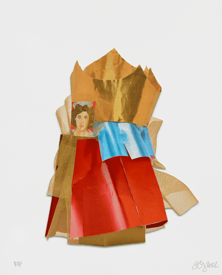 Frank Gehry, ‘Queen’, 2022, Print, Multi-color screenprint/collage with gold and silver leaf and portrait by Alejandro Gehry, mounted to museum board, Gemini G.E.L. LLC,