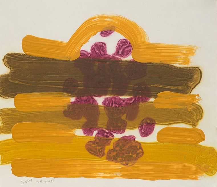 Howard Hodgkin, ‘Grape Harvest’, 2015, Print, Hand painted carborundum relief from 2 plates. Printed in Violet Solferino/Ruby Madder mix and then in Yellow Ochre, Portland Black/Yellow Ochre mix and Viridian/Yellow Ochre/Portland Black mix. Hand painted in Naples Yellow Hue/Raw Sienna mix, on Velin Cuve BFK Rives Grey 280gsm paper, Cristea Roberts Gallery, Numbered, Dated