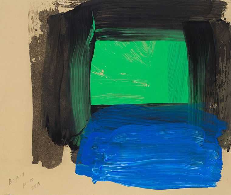 Howard Hodgkin, ‘Springtime’, 2015, Print, Hand painted sugar lift aquatint from 1 plate. Printed in Vine Black, then hand painted in Carbon Black, Spring Green and Ultramarine/Cyan/Zinc White mix, on Velin Cuve BFK Rives Tan 280gsm paper, Cristea Roberts Gallery, Numbered, Dated