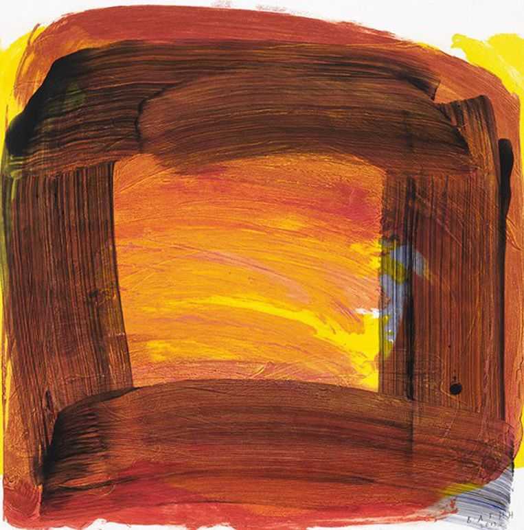 Howard Hodgkin, ‘Sundown’, 2014, Print, Hand painted carborundum relief from three plates printed sequentially with Deep Yellow/Citron Yellow blend, Red Ochre/Burn Sienna mix, and Carmine/Raw Sienna glaze, hand painted with a Bone Black/Payne's Grey wash on Moulin du Gué 350gsm paper, Cristea Roberts Gallery, Numbered, Dated