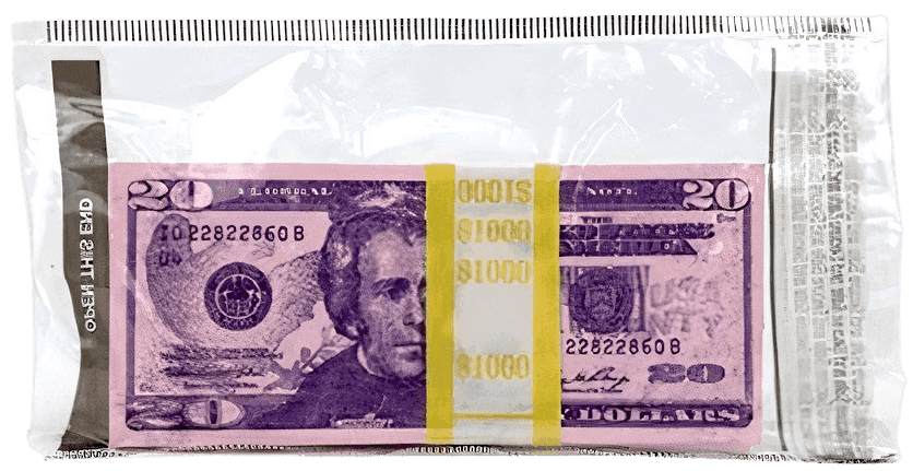 Imbue, ‘Counterfeit (UV)’, 10-01-2018, Print, A wad of 50 counterfeit $20 bills, Imbue Source, 