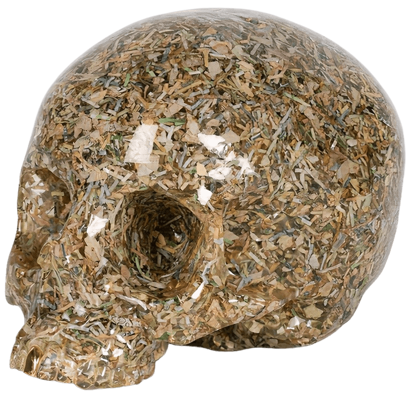 Imbue, ‘Death + Taxes (Skull)’, 2023, Sculpture, Hand-cast piece representing a life-size human skull, created by hand. Designed with real fragments of shredded currency (pounds sterling, euros and dollars) combined with resin, this sculpture offers total uniqueness to each skull, each skull is unique, Self released, Numbered