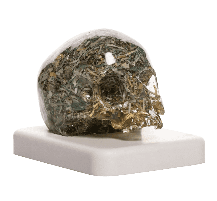 Imbue, ‘Death + Taxes (Small Skull)’, 2024, Sculpture, Resin, shredded currency and marble powder, null, 