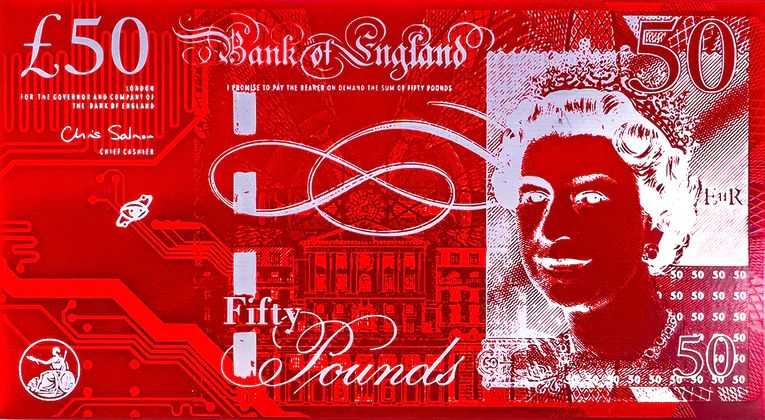Imbue, ‘PCB Pounds (£50)’, 2018, Print, A £50 note produced as a silver and red printed circuit board (PCB), Imbue Source, Numbered