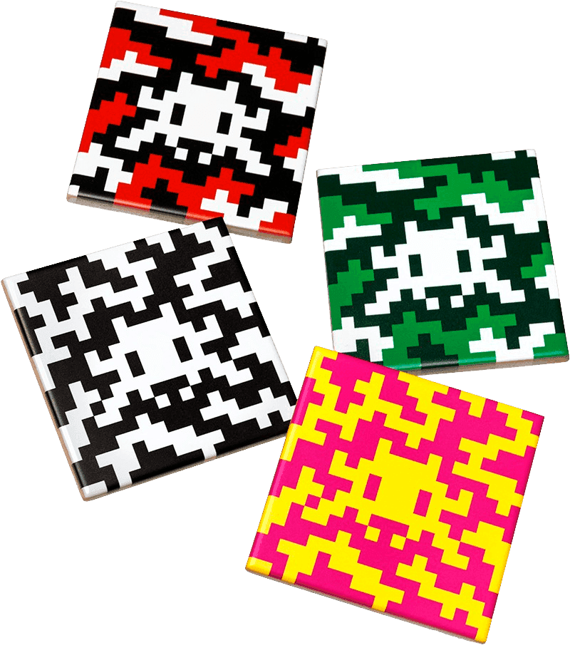 Invader, ‘Camo Space Tiles (Set of 4)’, 2024, Print, Set of 4 Ceramic tiles, Self Released, 