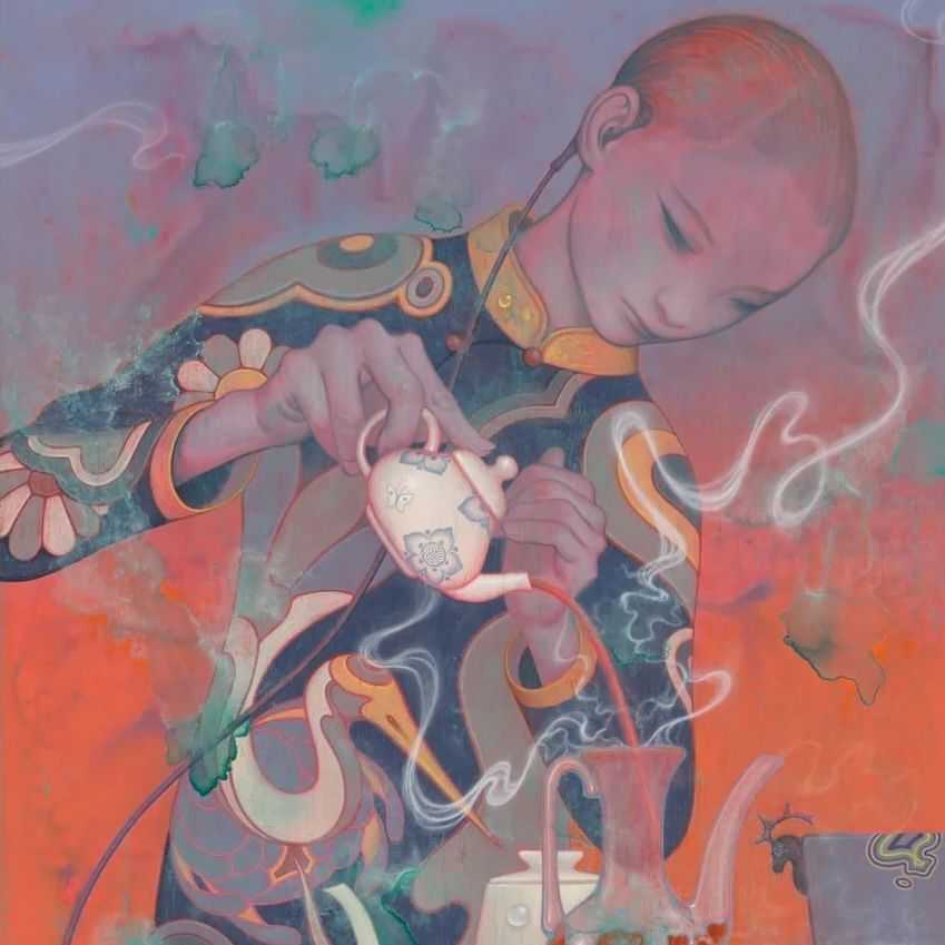 James Jean, ‘Teatime III’, 2025, Print, The delicate tendrils of steam in the image are printed in 3D onto the paper and breach the border. Intricate foil detailing. Sculptural glass-like details and enhancements, Self-released, Numbered