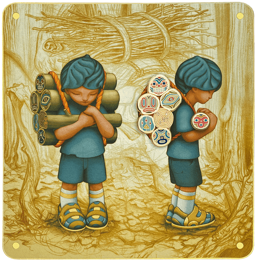 James Jean, ‘The Woodcutter (Pin Set)’, 2019, Collectible, Polished brass body and detailing on enamel pin set with deluxe brass clutches on screenprinted card. 10 enamel colours, metallic foil accents., Self-released, Numbered