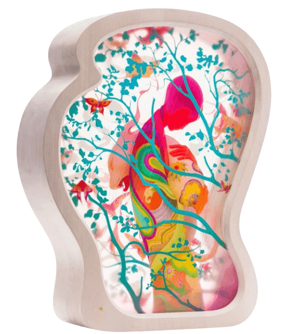 James Jean, ‘Yonen’, 2024, Sculpture, Ten layers of high quality UV-protected acrylic, UV-cured colour and clear inks, hand-finished cherry wood frames and brass embellishments in frame, Self-released, 