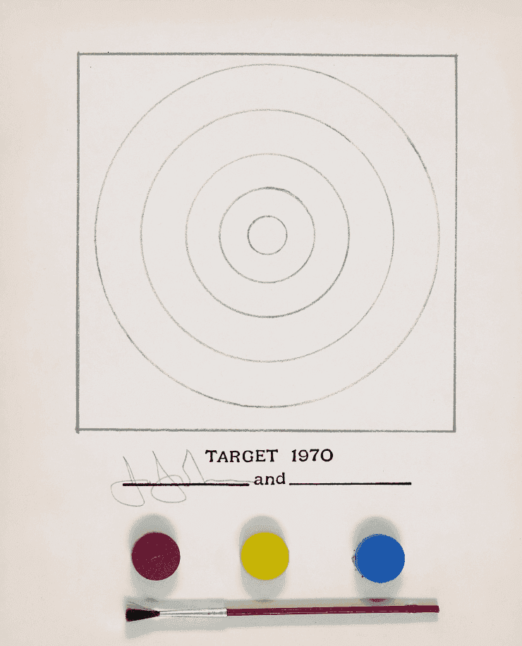 Jasper Johns, ‘Target, from Technics and Creativity’, 1970, Print, Offset lithograph in colours on illustration board with three collaged cakes of dry watercolour pigment and a paintbrush, null, 