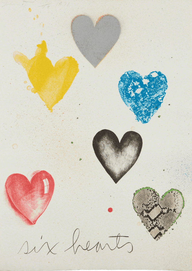Jim Dine, ‘Six Hearts’, 1970, Print, Offset lithograph with collage, spray-painting and hand-coloring, on Crisbrook Waterleaf paper, the full sheet, Petersburg Press, Numbered, Dated