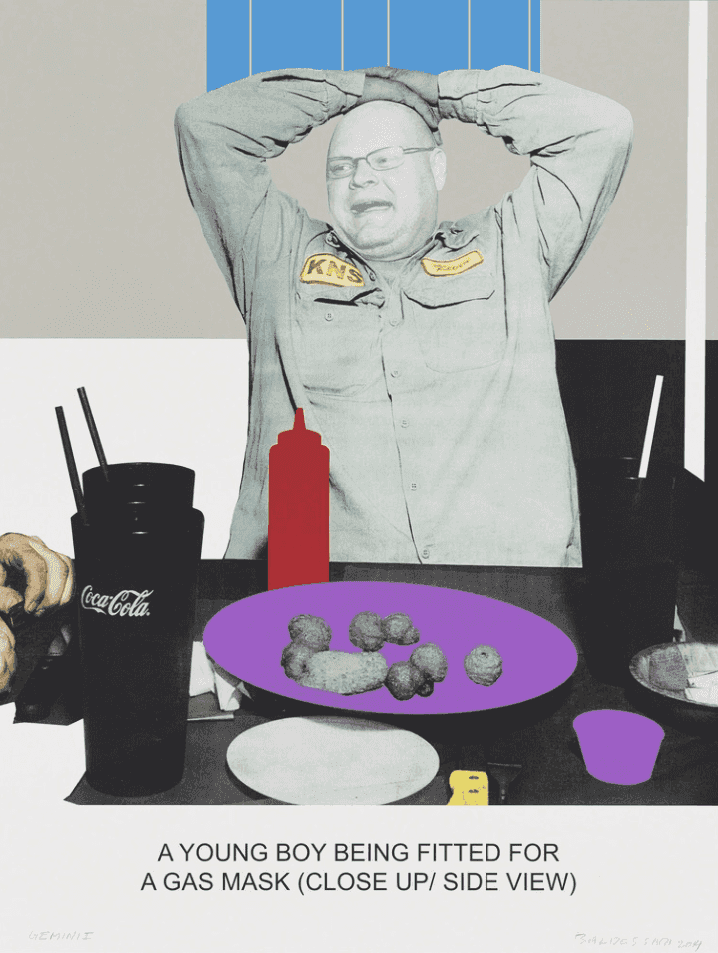 John Baldessari, ‘A Young Boy Being Fitted for a Gas Mask’, 2014, Print, 27-color screenprint, Gemini G.E.L., Numbered, Dated