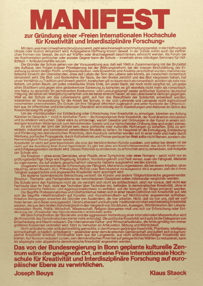 Joseph Beuys, ‘Manifesto (Manifest)’, 1979, Print, Silkscreen on gray cardboard. Printed in Red, Edition Staeck, Numbered