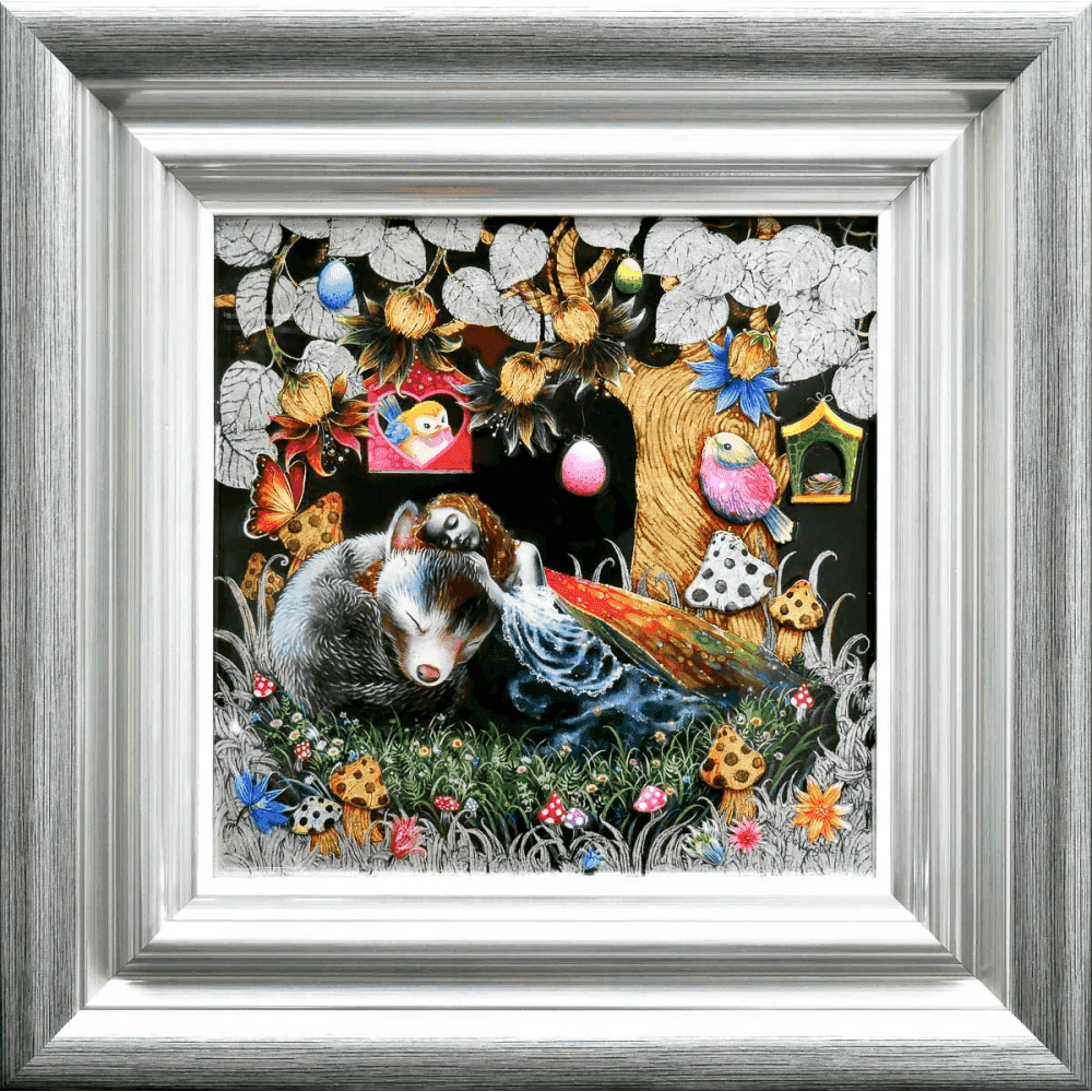 Kerry Darlington, ‘Little Fox and the Moth Fairy’, 2024, Print, Original Mixed Media on board, 3D leaf with a gloss resin finish, null, Framed
