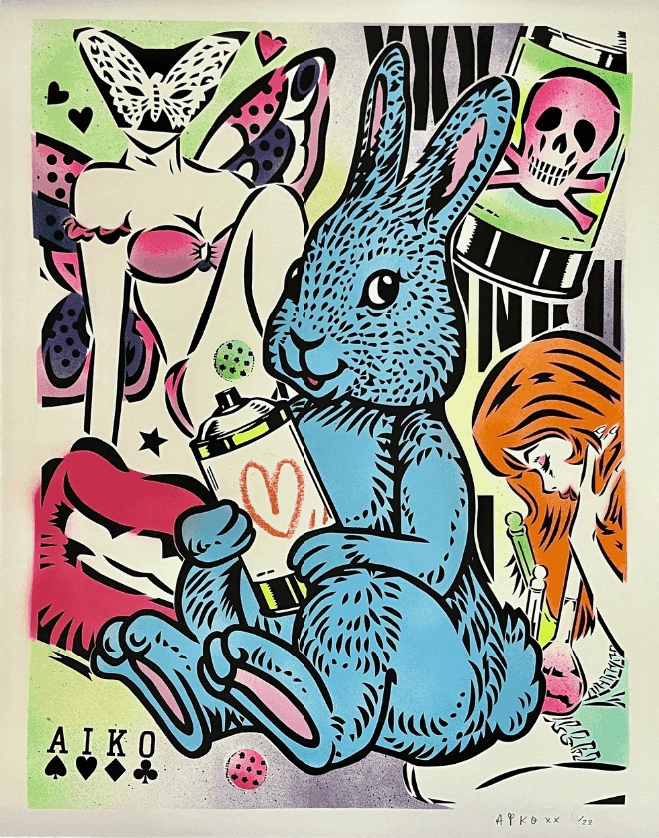 Lady Aiko, ‘Bunny Love (Blue)’, 2021, Print, Screenprint with multiple vibrant colour spray and hand embellishment on paper, BEYOND THE STREET, Numbered