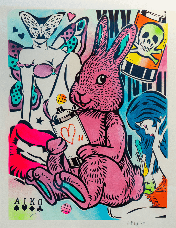 Lady Aiko, ‘Bunny Love (Pink)’, 2021, Print, 22-Color Screen Print with 10-Color Spray Painted and Hand-Drawn Embellishments, null, Numbered