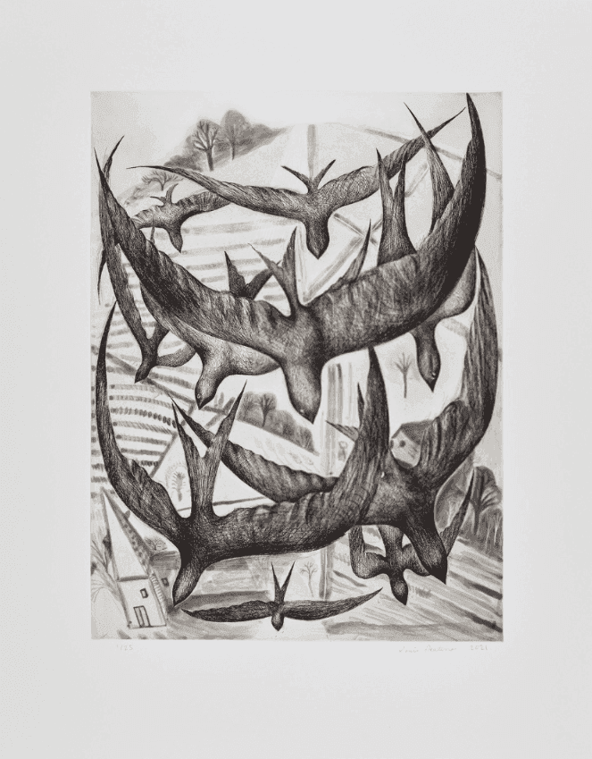 Louis Fratino, ‘Chimney Swifts’, 2021, Print, Etching with aquatint, spitbite, drypoint, and burnisher, printed on Hahnemuhle White 300gsm paper, null, Numbered, Dated