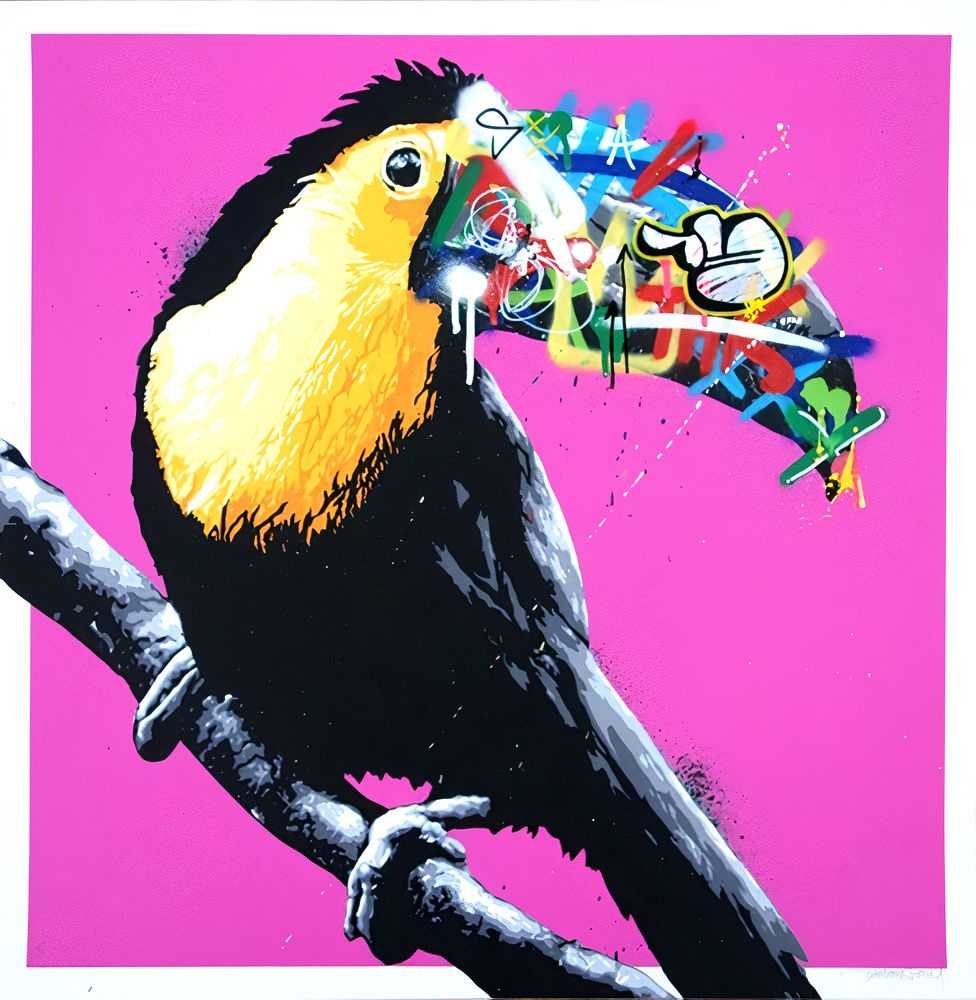 Martin Whatson, ‘Toucan (Pink)’, 2015, Print, hand-finished in spray paint and posca pens on 9 Colour screenprint On 300gsm somerset paper, Graffiti Prints, Numbered, Dated, Handfinished