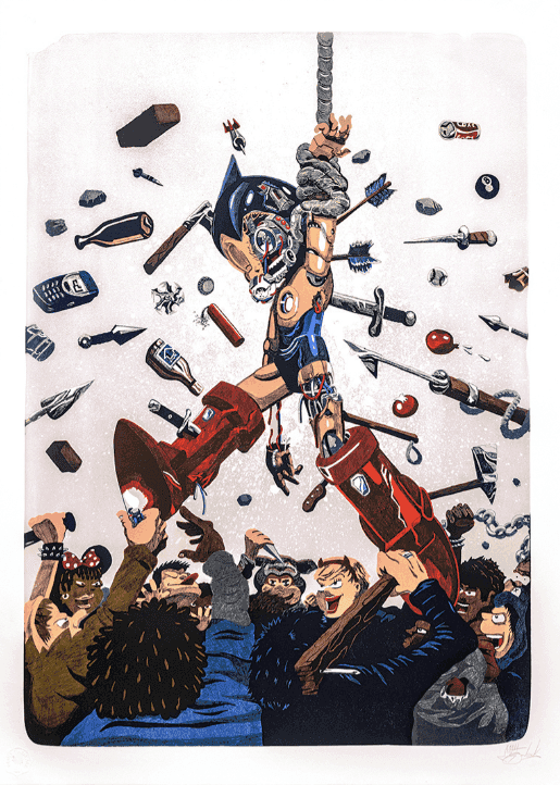 Matt Gondek, ‘“DIE DIE A.I.!”’, 2024, Print, 7-color lithograph on stone, printed with Voirin press, hand cut with deckled edge, Print Them All, Numbered