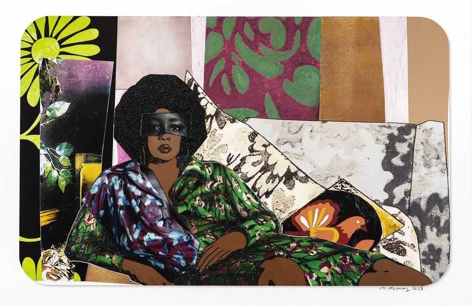Mickalene Thomas, ‘Afro Goddess Looking Forward’, 18-03-2025, Print, UV pigment print on 410gsm Somerset Tub Sized Radiant White paper with 8 silkscreen layers, including 2 silkscreen metallic shimmer and glitter layers, gloss varnish, CMYK silkscreen panels and matte varnish seal, Avant Arte, Numbered