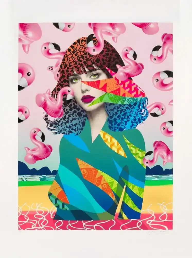 Miss Bugs, ‘Augmented Flamingo (Revolution)’, 2026, Print, Archival inkjet print with a five-colour screenprint, hand-stencilled elements, hand-applied acrylic and UV spray varnish, on Somerset Velvet 308gsm paper, null, Numbered
