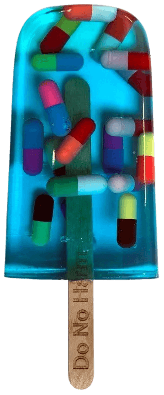 Miss Bugs, ‘Ice Lolly (Pills Blue)’, 04-07-2019, Sculpture, Handmade resin ice lolly with encapsulated used syringe / surgical blades / pills on a Jesmonite marble plinth, Jealous Gallery, 