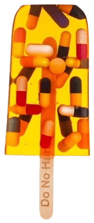 Miss Bugs, ‘Ice Lolly (Pills Yellow)’, 04-07-2019, Sculpture, Handmade resin ice lolly with encapsulated used syringe / surgical blades / pills on a Jesmonite marble plinth, Jealous Gallery, 