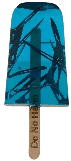 Miss Bugs, ‘Ice Lolly (Surgical Blades Blue)’, 04-07-2019, Sculpture, Handmade resin ice lolly with encapsulated used syringe / surgical blades / pills on a Jesmonite marble plinth, Jealous Gallery, 