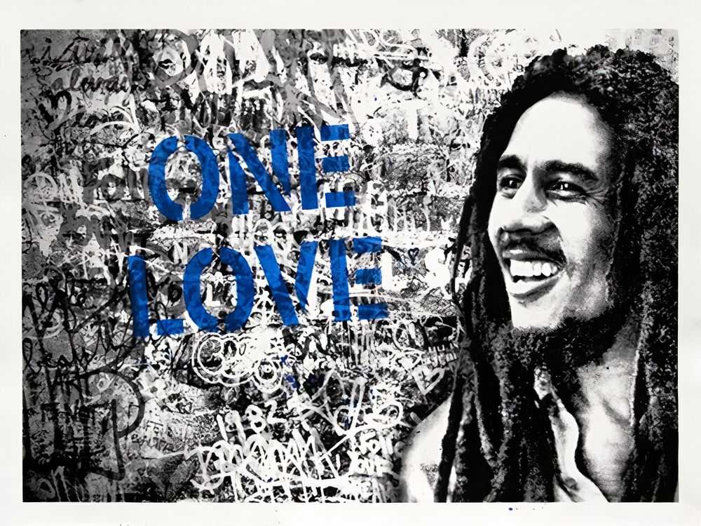 Mr. Brainwash, ‘Happy Birthday Bob Marley - One Love (Blue)’, 06-02-2019, Print, One colour screen print hand finished with water colour and a spray painted stencil, Self-released, Numbered, Handfinished