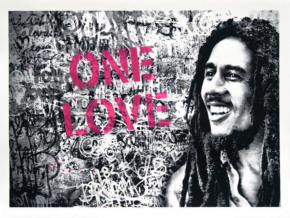 Mr. Brainwash, ‘Happy Birthday Bob Marley - One Love (Pink)’, 06-02-2019, Print, One colour screen print hand finished with water colour and a spray painted stencil, Self-released, Numbered, Handfinished
