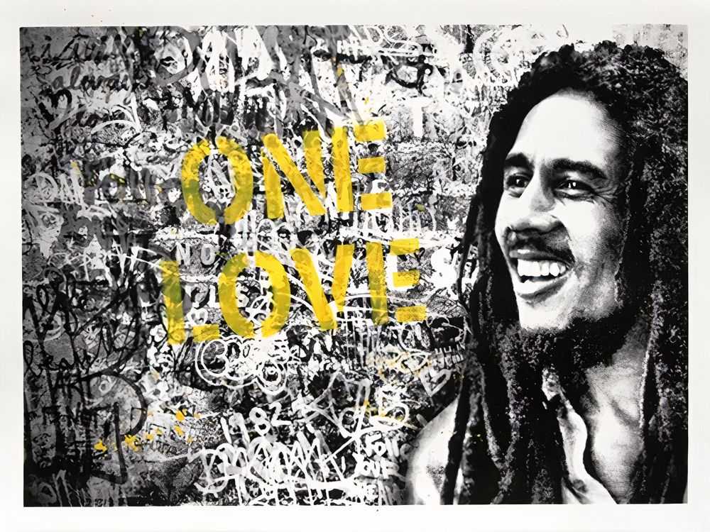 Mr. Brainwash, ‘Happy Birthday Bob Marley - One Love (Yellow)’, 06-02-2019, Print, One colour screen print hand finished with water colour and a spray painted stencil, Self-released, Numbered, Handfinished