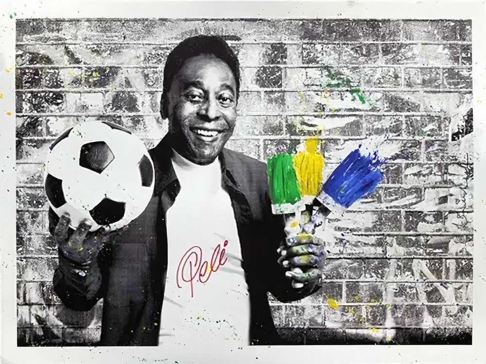 Mr. Brainwash, ‘The King Pele - Brush Portrait (Signed by Pele)’, 19-10-2016, Print, One-colour screenprint on hand-torn archival art paper, hand-finished by the artist, Self-released, Numbered, Handfinished