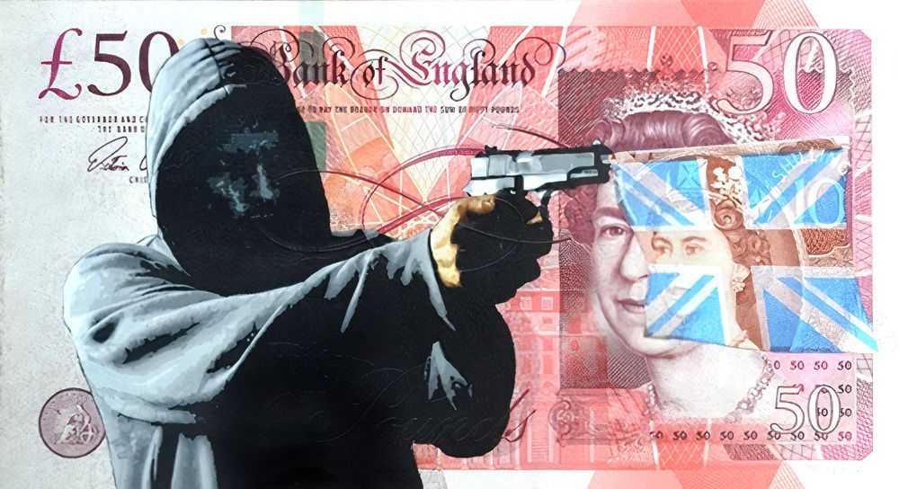 Penny, ‘Bang On The Money £50’, 26-05-2016, Print, 25 layer hand cut stencil; Spray paint on £50 banknote, also featuring vintage 10 Shilling banknote, Self-released, Dated, Handfinished