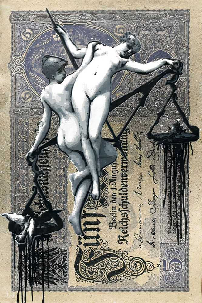 Penny, ‘Hanging In The Balance (Front)’, 27-08-2011, Print, 10 colour design screen printed onto genuine Reverse of 1917 Fünf Mark all with hand-sprayed background, Mother Drucker, Dated, Handfinished