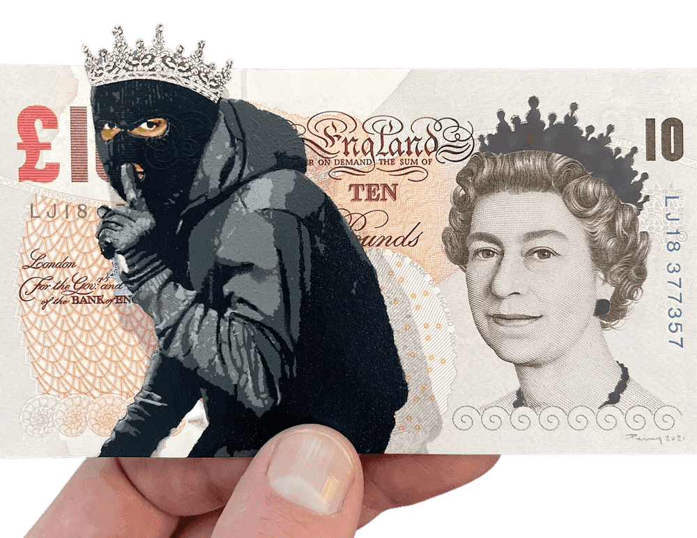 Penny, ‘Power Grab (Ten)’, 2020, Print, 17 layer hand cut stencil; Spray paint on Ten Pound banknote, Self-released, Handfinished