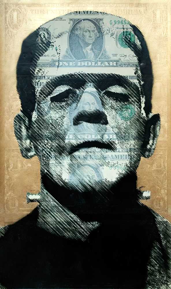 Penny, ‘Universal Monster’, 10-10-2012, Print, Spray paint on 4 genuine uncut $1 bills, Rook & Raven, Dated, Handfinished
