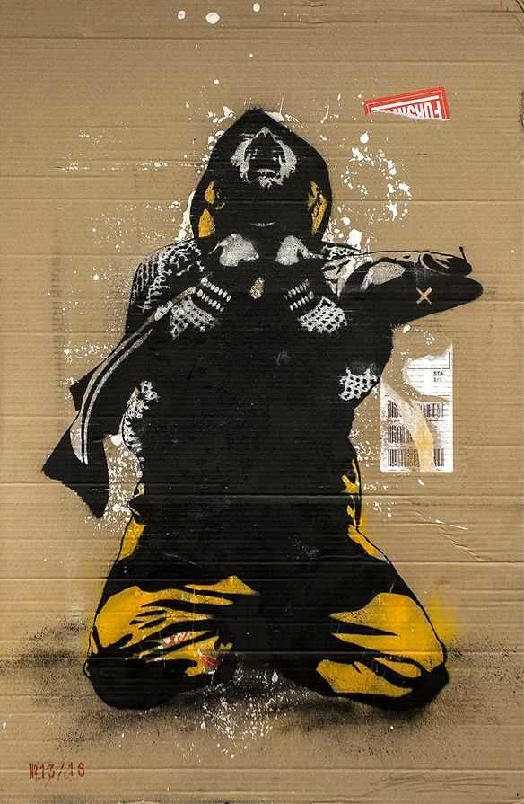 Pobel, ‘In Cod We Trust (Cardboard)’, 23-10-2014, Print, Dirty test spray on beaten cardboard, ABC Printhouse, Numbered, Handfinished